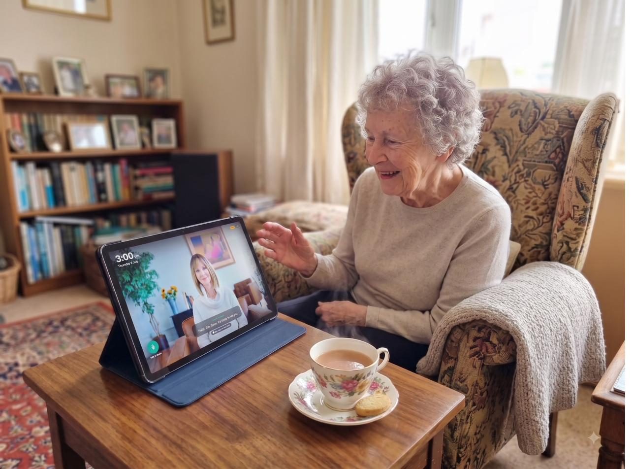 An older lady in her armchair at home, smiling as she talks with Grace on the Demal 365 tablet