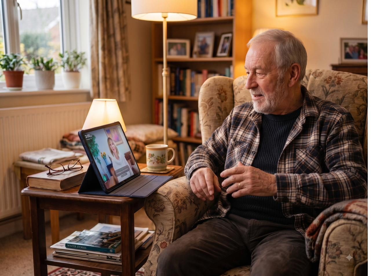 A man at home in his armchair talking with Grace on the Demal 365 tablet